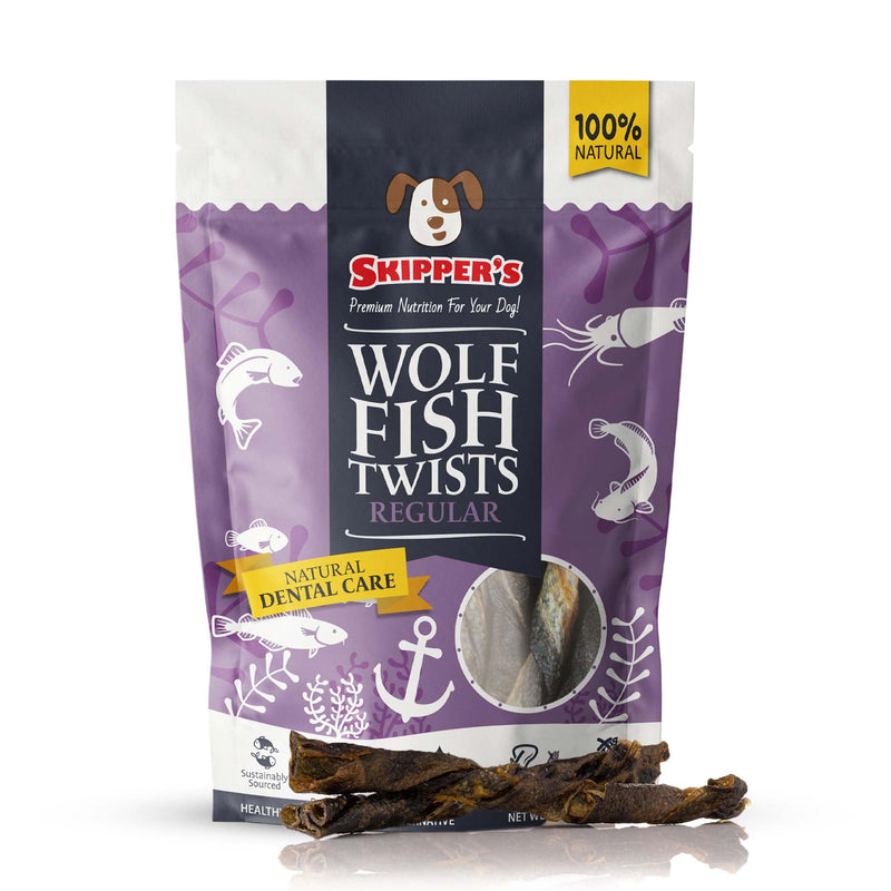 SKIPPERS Wolf Fish Skin Twists Dog Chews - 100% Fish Skin Grain Free Treats for Dogs High in Protein & Low in Fat Essential Omega 3 Oils | Great for Teeth (Regular 9 Oz)