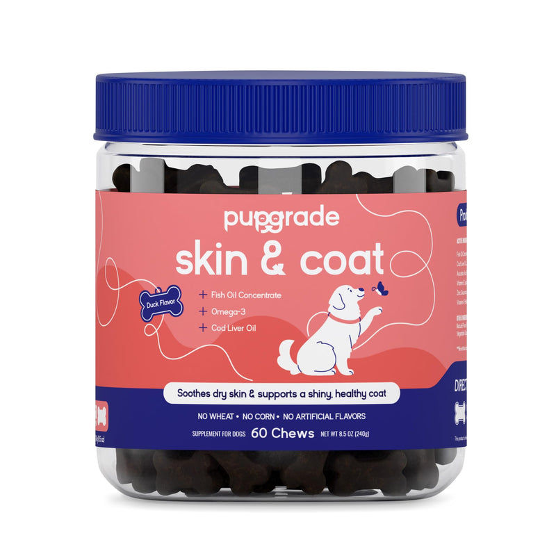 PupGrade Skin & Coat Chews - Omega-3 Coat + Shed Care + Allergy Defense - Soft Chewable Supplement with Natural Fish Oils for Dogs - No Wheat Corn or Grains - Meat Flavored - 60 Soft Chews