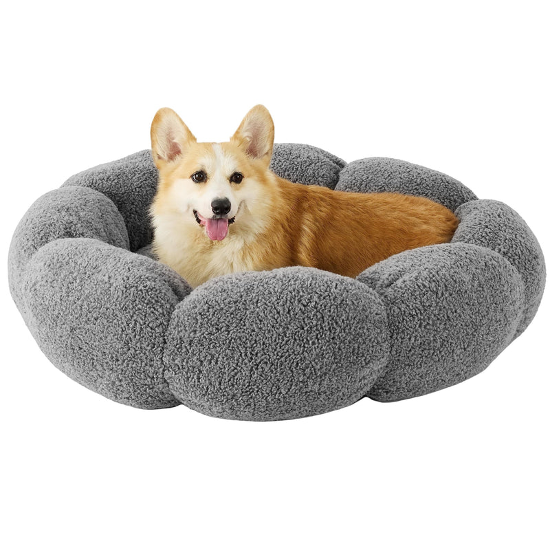 Lesure Calming Large Dog Bed - Flower Donut Round Fluffy Puppy Bed in Plush Teddy Sherpa Non-Slip Cute Flower Dog Beds Large Pet Bed Fits up to 100 lbs Machine Washable Grey 36
